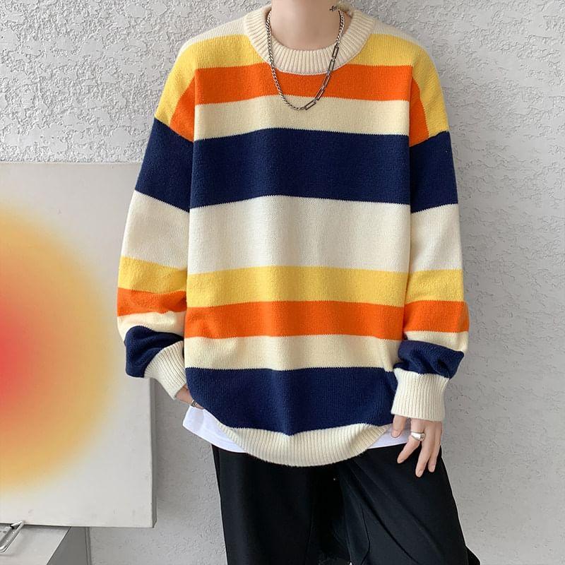 Crew Neck Striped Oversized Sweater Product Image
