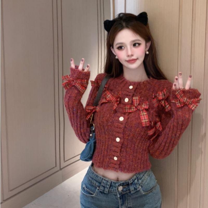 Crew Neck Bow Melange Cardigan Product Image