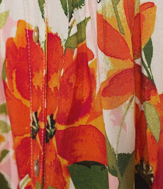 Figueroa & Flower Woven Floral Border Print Mandarin Collar 3/4 Sleeve Button Front Blouse Product Image