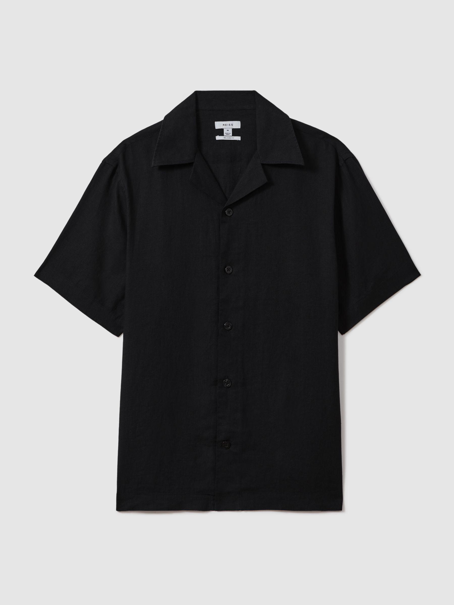 Relaxed Linen Cuban Collar Shirt in Black Product Image