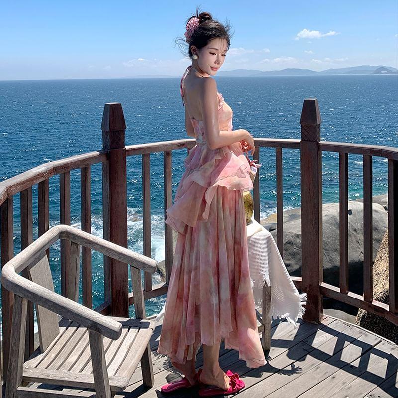 Halter-Neck Floral Print Asymmetrical Ruffled Maxi Sundress Product Image