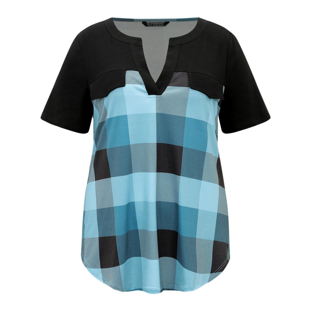Plus Size Plaid Patchwork Contrast Notched Arc Hem T-shirt Multicolor Women Casual Contrast Plaid Notched collar Everyday T-shirts BloomChic 18-20/2X Product Image