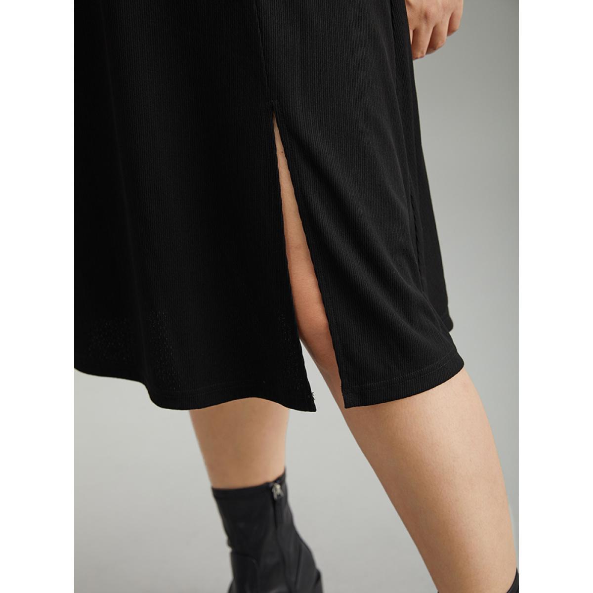 Plus Size Rib Knit Split Side Square Neck Dress Black Women Elegant Plain Square Neck Long Sleeve Curvy Midi Dress BloomChic 12/L Product Image