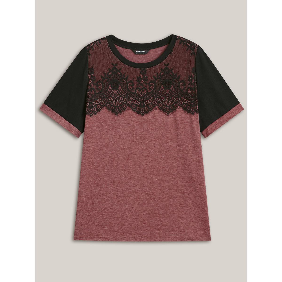Plus Size Stretchy Scalloped Lace Color Contrast T-Shirt Russet Women Elegant Contrast Round Neck Everyday T-shirts BloomChic 10/M Product Image