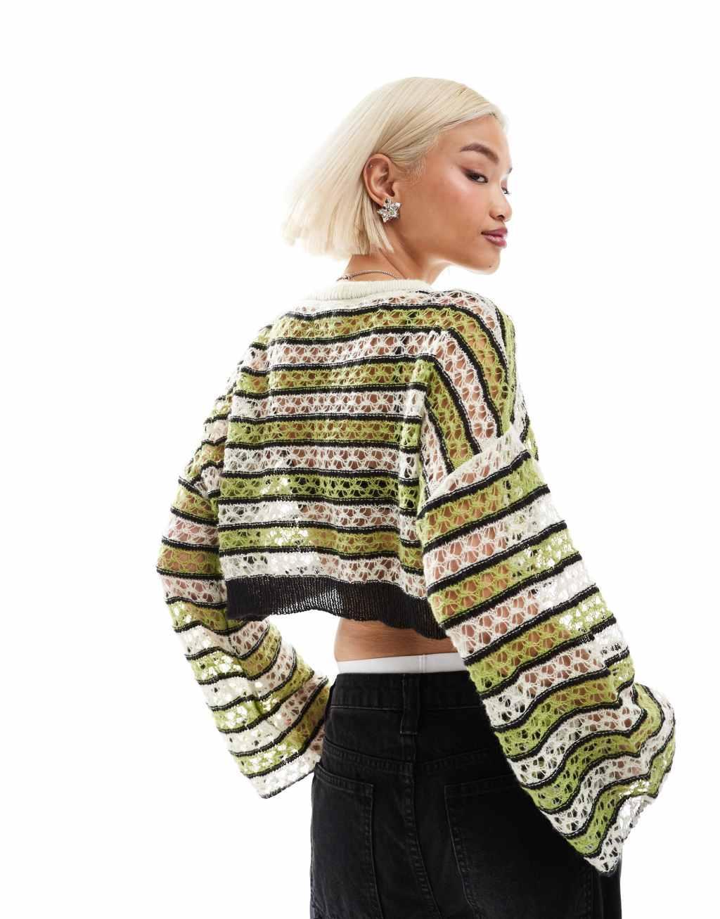 Noisy May Curve open knit cropped sweater with wide sleeves in cream & green Product Image