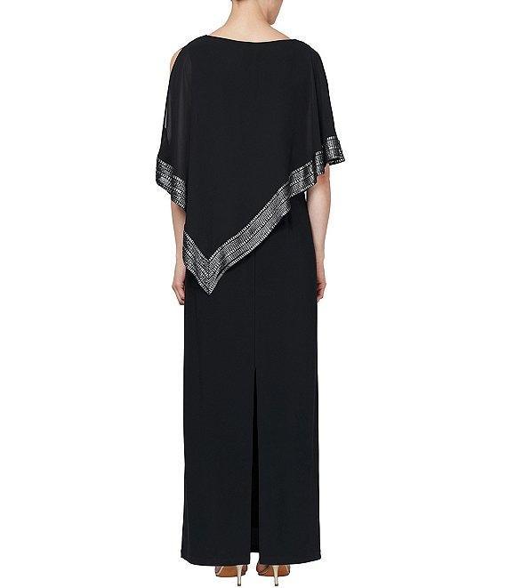 Ignite Evenings Petite Size Asymmetrical 3/4 Capelet Cold Shoulder Sleeve Round Neck Metallic Trim Popover Dress Product Image