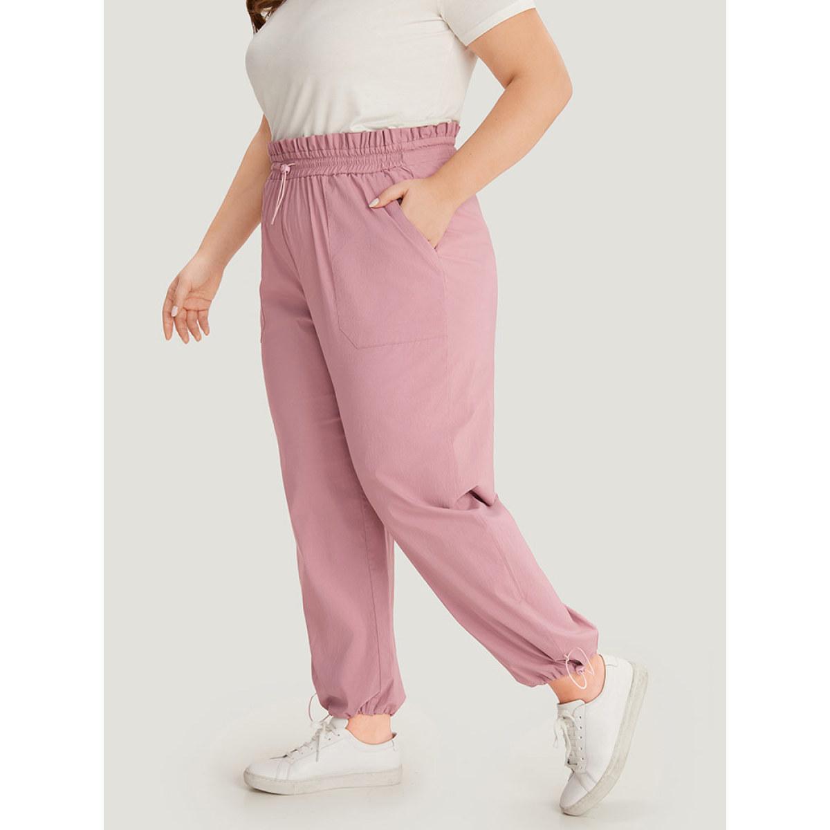 Plus Size Plain Paperbag Waist Drawstring Hem Slant Pocket Pants Women Rouge Casual High Rise Dailywear Pants BloomChic 22-24/3X Product Image