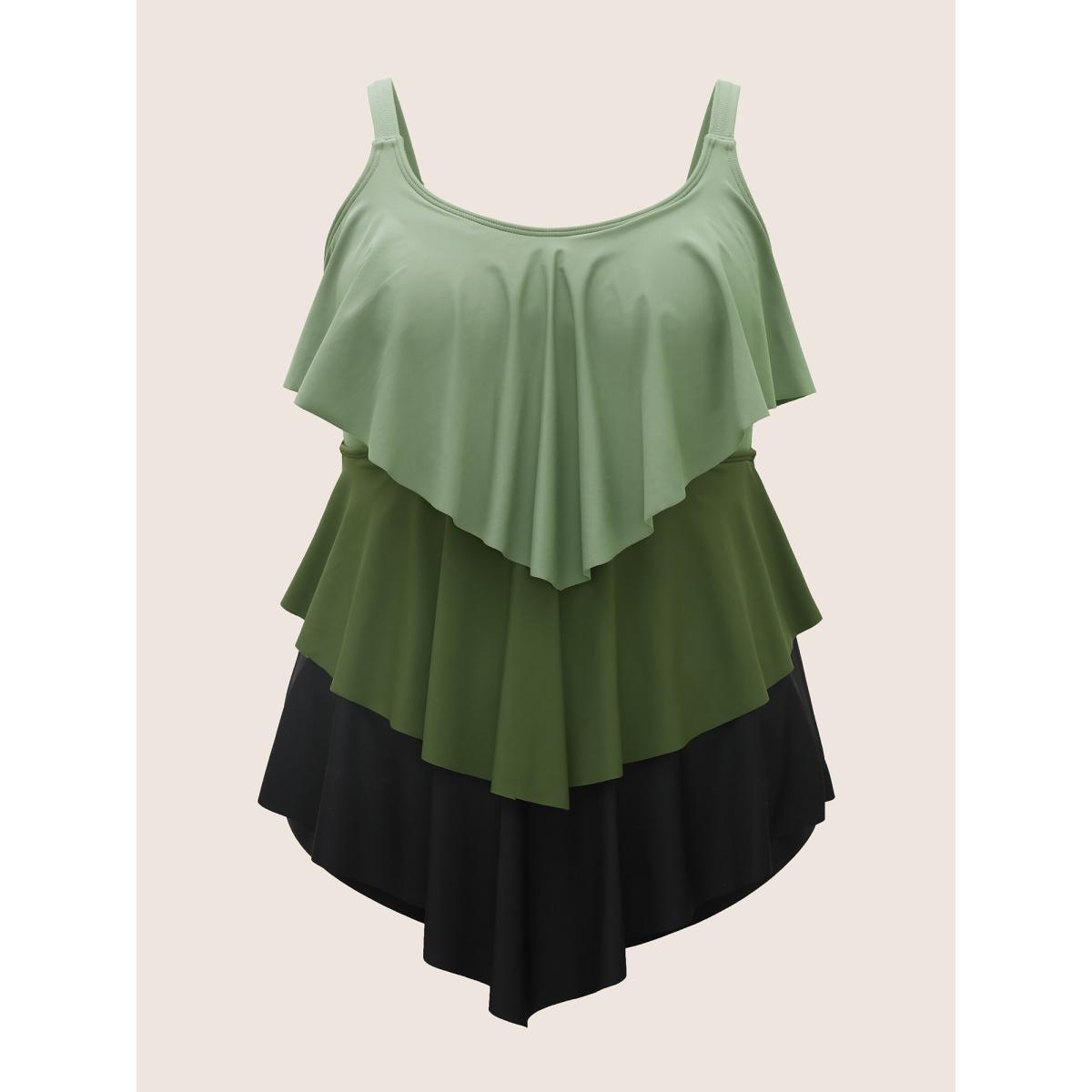 Plus Size U Neck Contrast Tiered Ruffles One Piece Swimsuit Women's Swimwear ArmyGreen Beach Tiered Curve Bathing Suits High stretch One Pieces BloomChic 18-20/2X Product Image