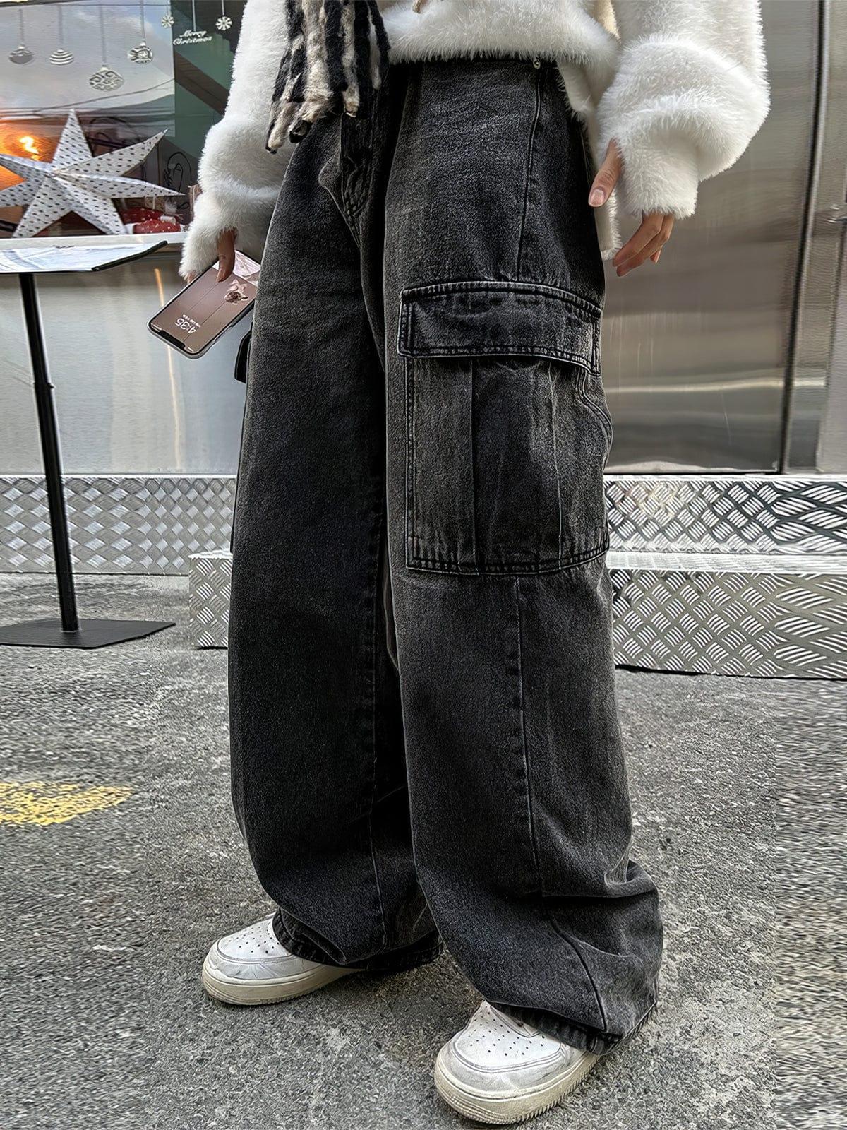 RT No. 12446 BLACK CARGO STRAIGHT DENIM JEANS Product Image