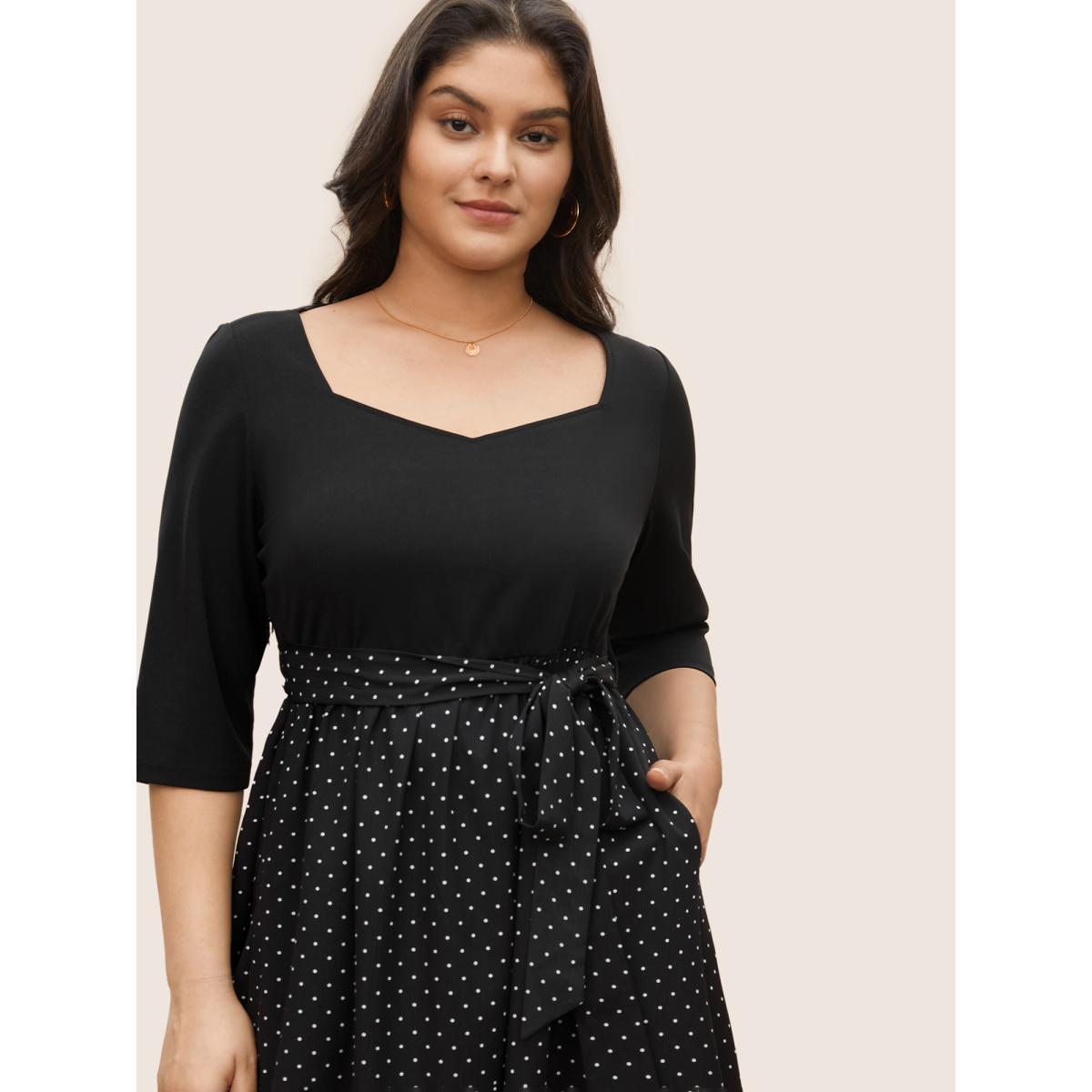 Plus Size Polka Dot Patchwork Belted Square Neck Dress Black Women At the Office Non Square Neck Elbow-length sleeve Curvy Midi Dress BloomChic 28/5X Product Image