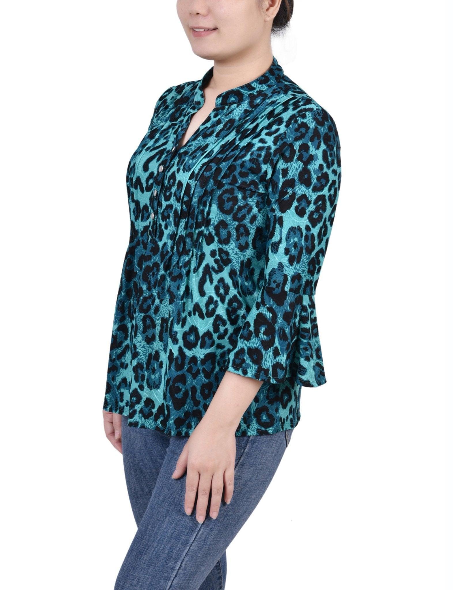 Dark Teal Skin 3/4 Bell Sleeve Pleat Front Y Neck Top - Petite Product Image