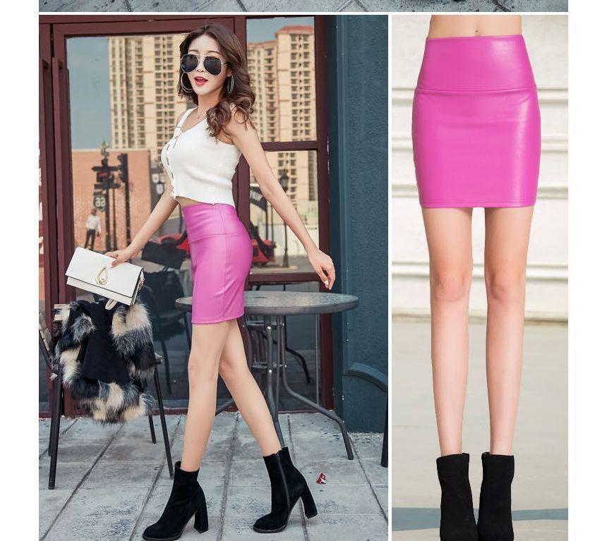 High Rise Plain Faux Leather Mini Pencil Skirt Product Image