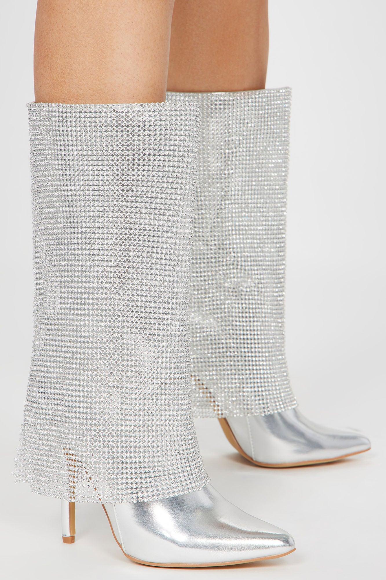 Demi Embellished Overlay Knee High Boots - Silver Product Image