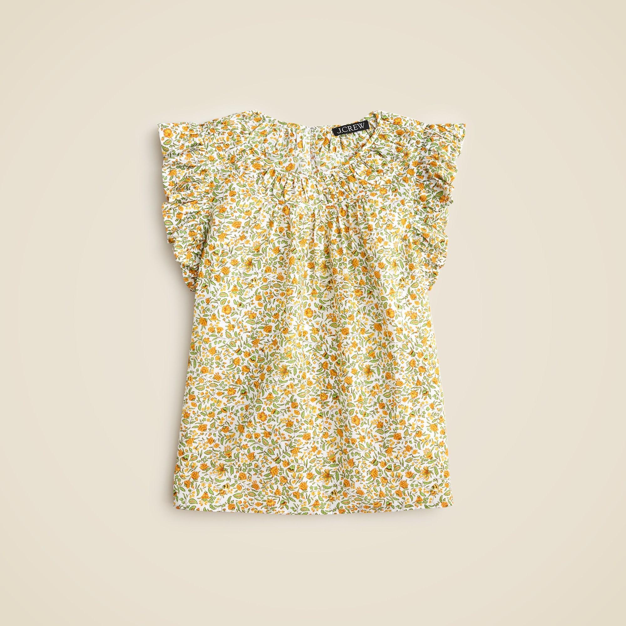 Gathered ruffle-sleeve top in floral vines cotton voile Product Image