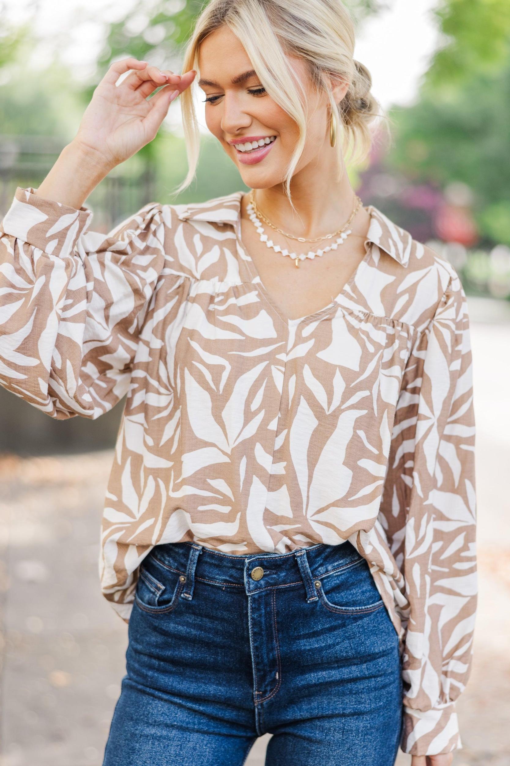 Never Alone Taupe Abstract Blouse Female Product Image