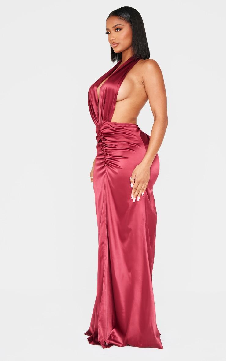 Shape Burgundy Satin Halter Neck Deep Plunge Front Ruched Waist Maxi Fishtail Dress Product Image