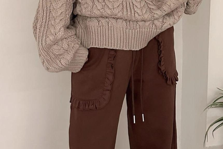 Drawstring Waist Plain Ruffle Wide Leg Sweatpants Product Image