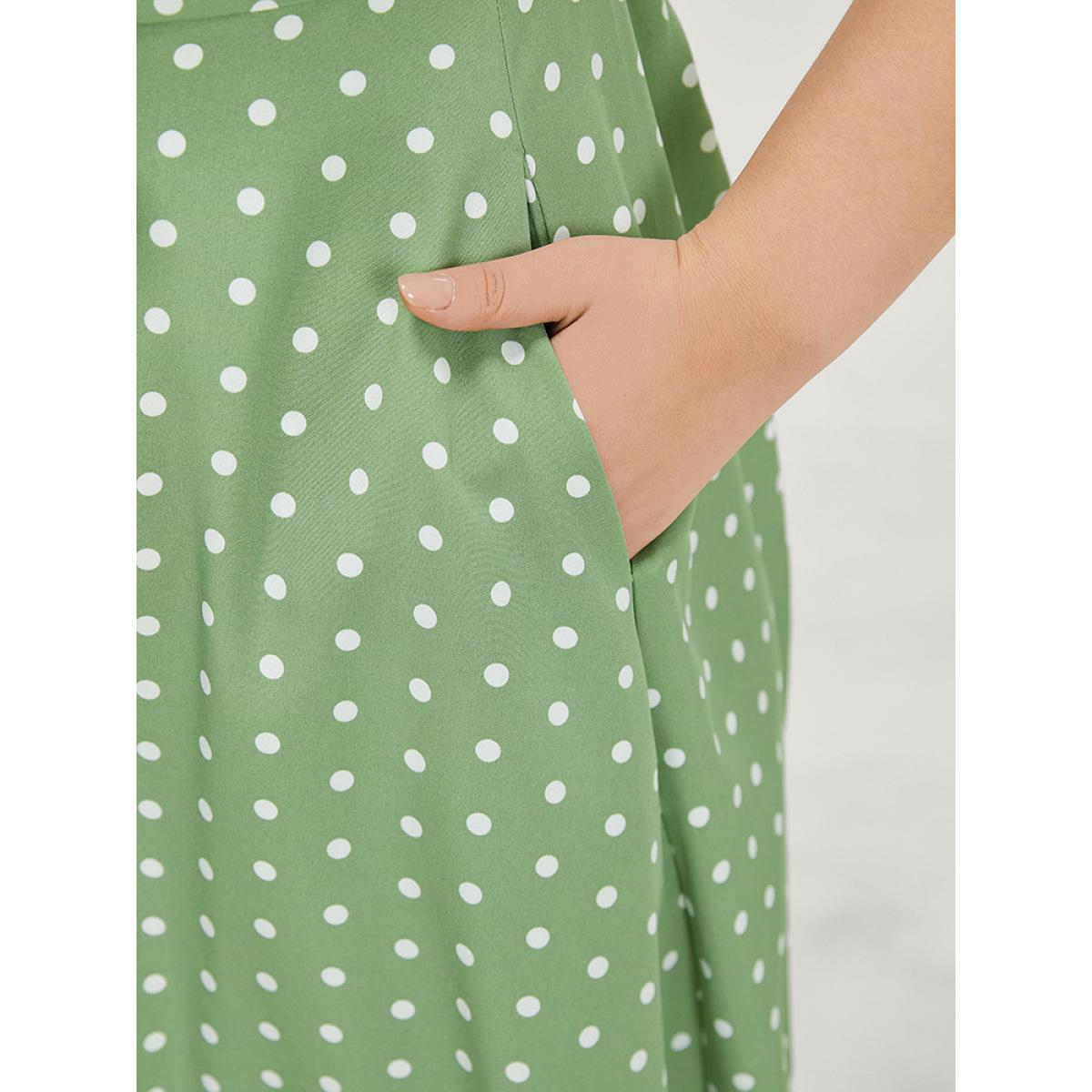 Plus Size Polka Dot Pocket Button Detail Twist Front Knee Dress Green Women Elegant Knotted V-neck Cap Sleeve Curvy Knee Dress BloomChic 10/M Product Image