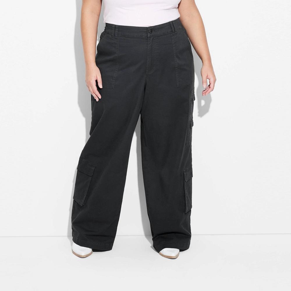 Women's Mid-Rise Straight Leg Cargo Pants - Wild Fable™ Black 1X: Elastic Waist, Pockets Product Image