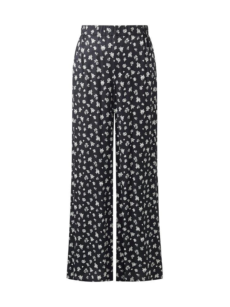 Floral Print Elastic Waist Women Wide Leg Pants With Scrunchie Product Image