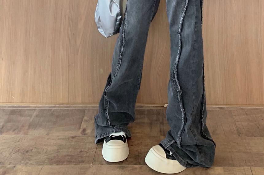 High Waist Washed Ripped Flared Jeans Product Image