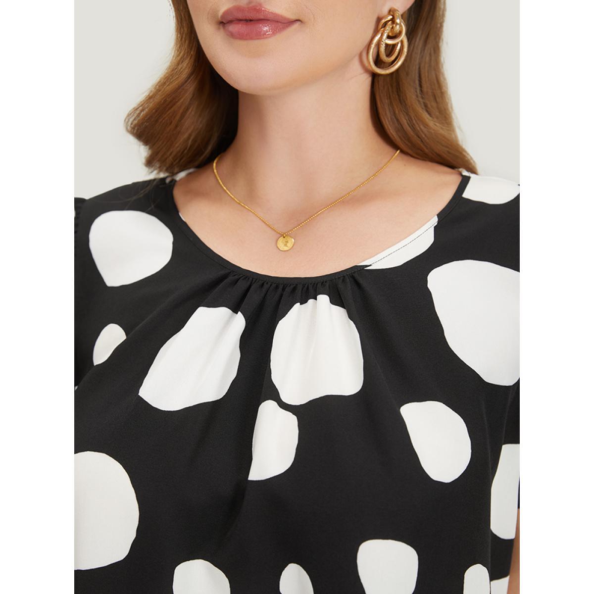 Plus Size Black Polka Dot Flutter Cap Sleeve Tiered Blouse Women Elegant Cap Sleeve Round Neck Dailywear Blouses BloomChic 22-24/3X Product Image