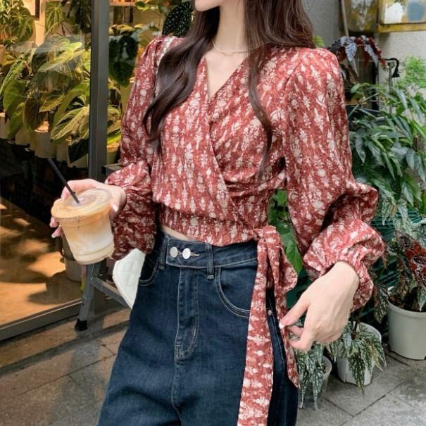 Long Sleeve V-Neck Floral Print Wrap Top Product Image