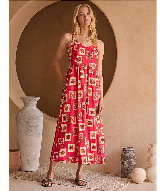 Skies Are Blue Printed Linen Blend V-Neck Back Smocked Maxi Dress Product Image