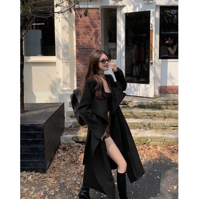 Lapel Collar Plain Sashed Midi Trench Coat Product Image