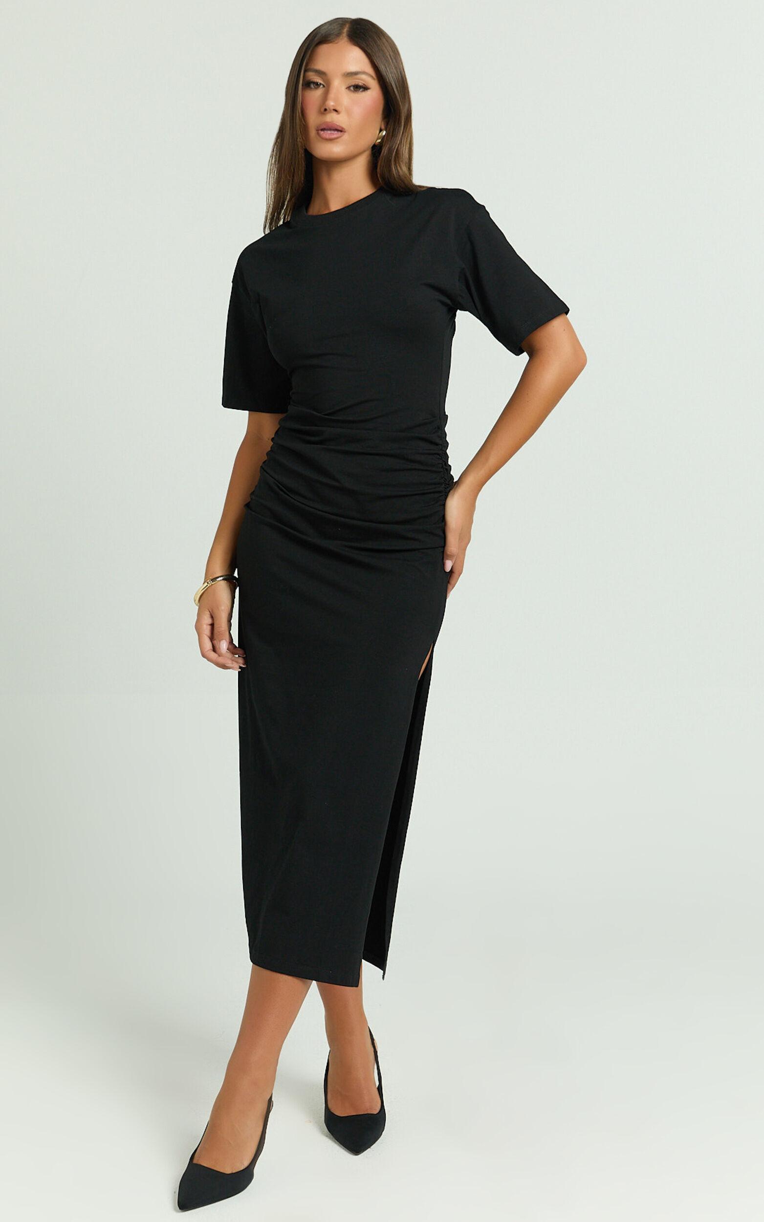 Lizzy Midi Dress - Jersey Ruched Side Split Dress in Black Product Image