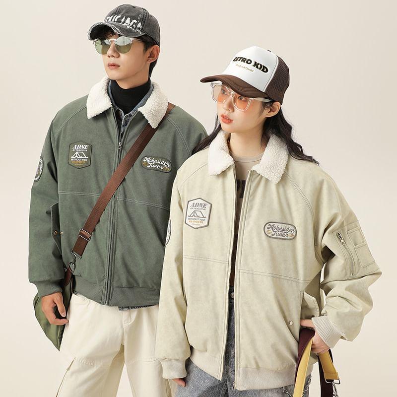 Collared Patched Zip-Up Bomber Jacket Product Image