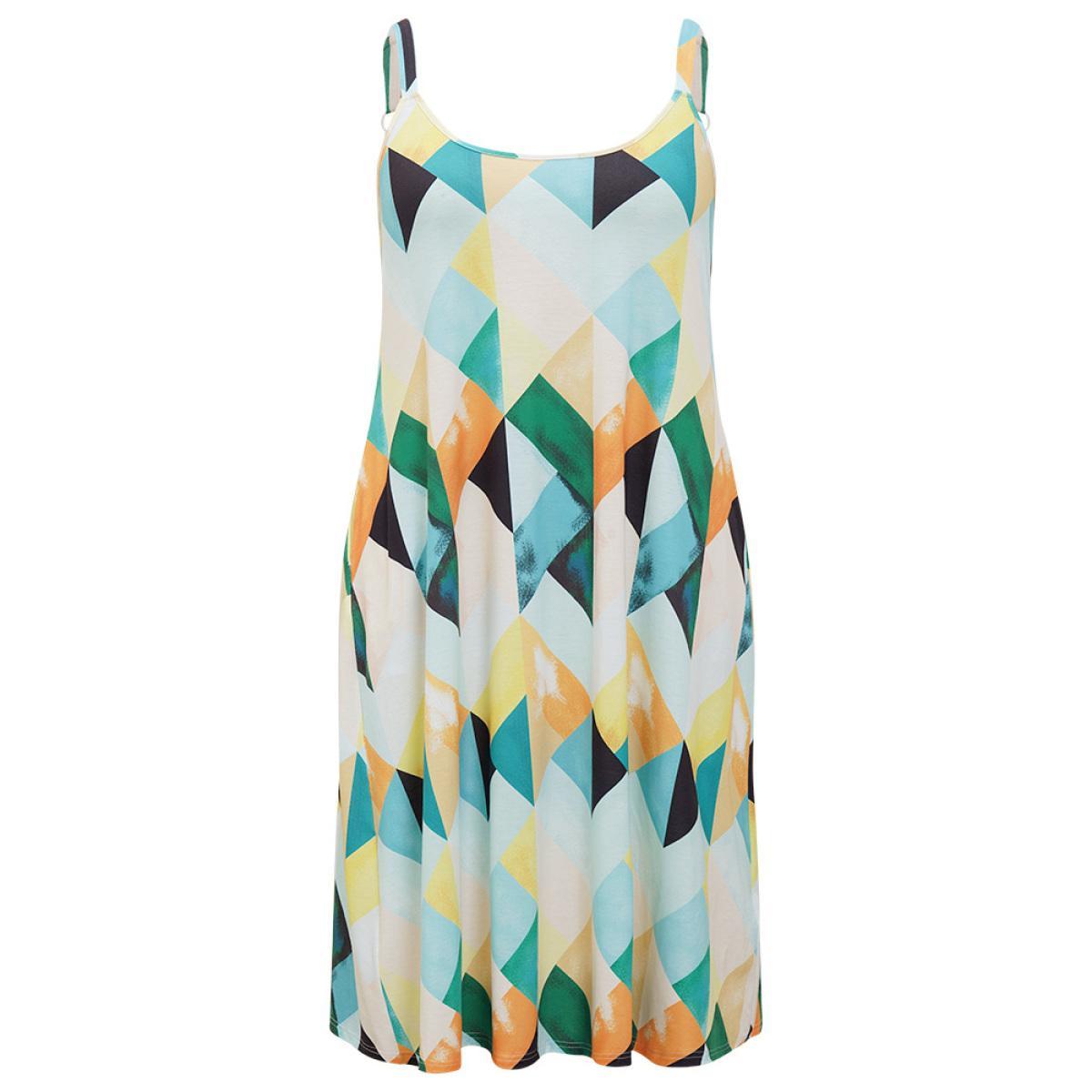 Plus Size Geometric Print Ruffles Pocket Spaghetti Strap Dress Multicolor Women Elegant Adjustable Straps Spaghetti Strap Sleeveless Curvy Midi Dress BloomChic 30/6X Product Image