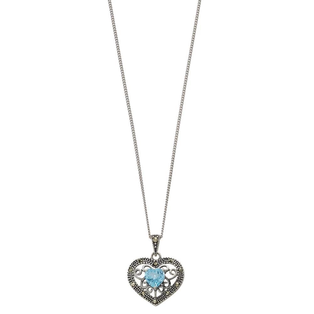 Tori Hill Sterling Silver Blue Topaz & Marcasite Heart Pendant Necklace, Womens Product Image