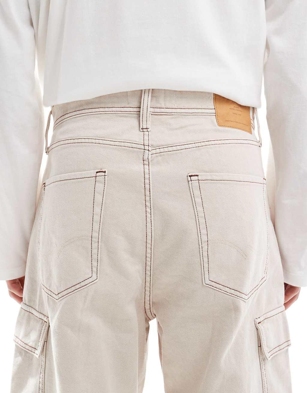 Jack & Jones Alex baggy fit cargo jeans in ecru with contrast stitching Product Image