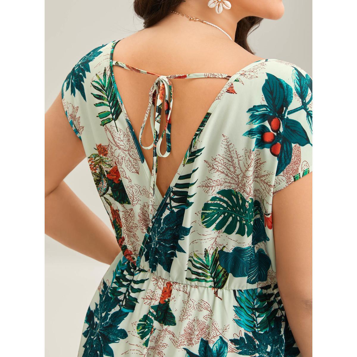Plus Size Emerald Tropical Print Surplice Neck Back Tie Jumpsuit Women Cap Sleeve V-neck Vacation Loose Jumpsuits BloomChic 10/M Product Image