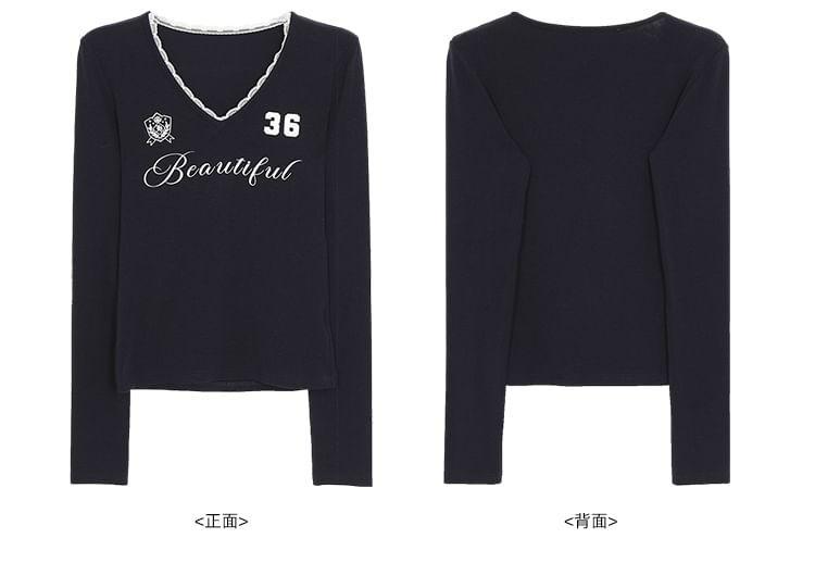 Long Sleeve V-Neck Numbering Lettering Print T-Shirt / Elastic Waist Plain Ruffle Lace Mini Skirt Product Image