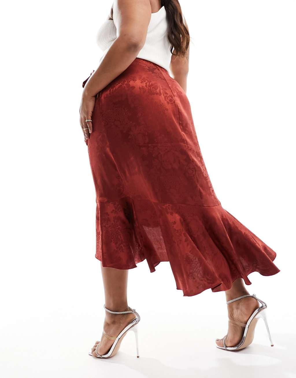 Flounce London Plus satin wrap midaxi skirt in rust Product Image