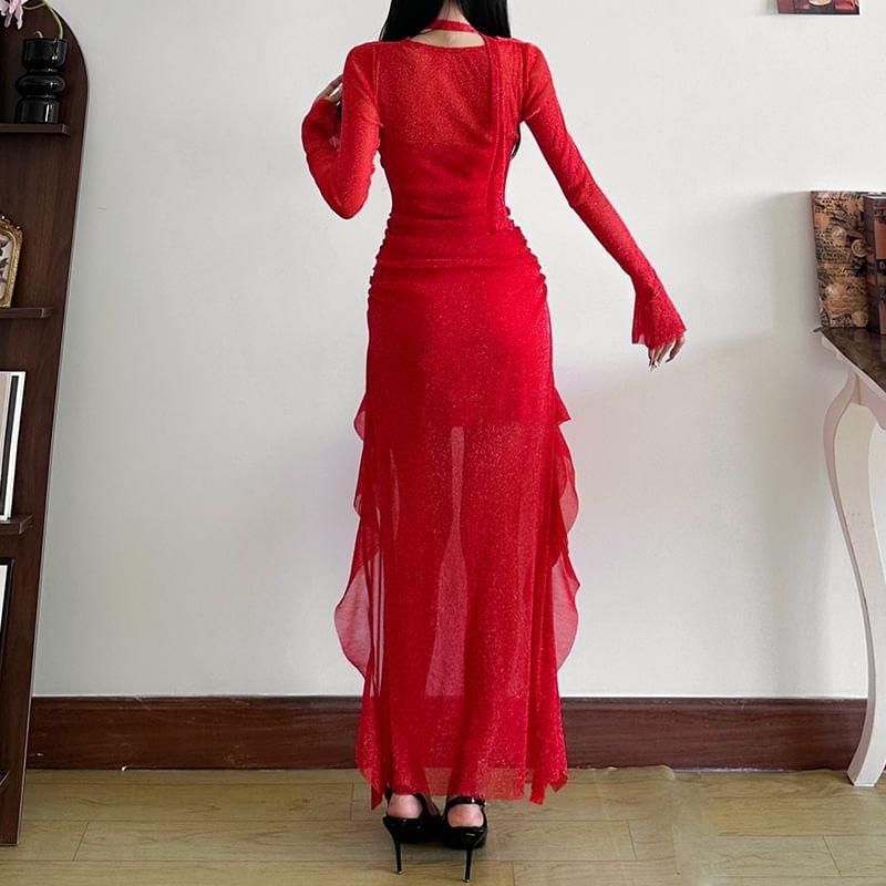 Long Sleeve Cowl Neck Ruffle Trim Glitter Midi Bodycon Dress Product Image