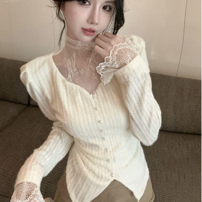 Long Sleeve V-Neck Lace Trim Faux Pearl Button Ribbed Knit Top Product Image
