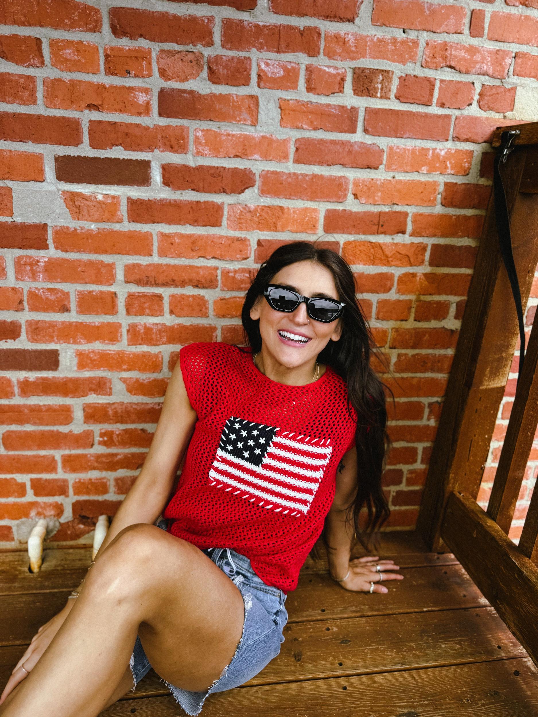 American Flag Crochet Knit Sweater Top Product Image