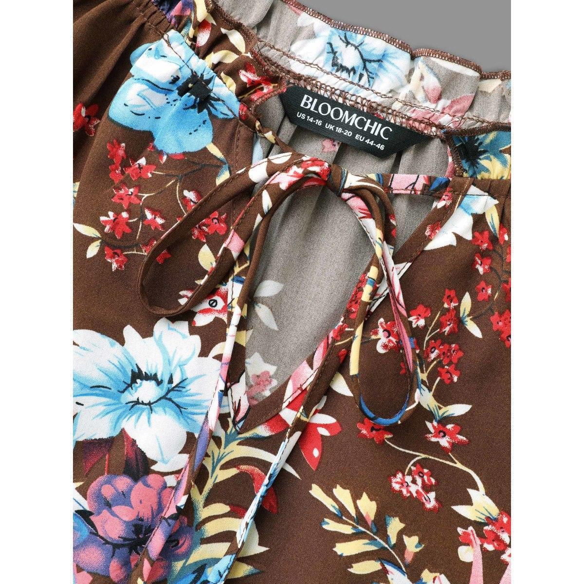 Plus Size Browncoffeecolor Floral Tie Knot Flutter Sleeve Blouse Women Elegant Long Sleeve V-neck Everyday Blouses BloomChic 26/4X Product Image
