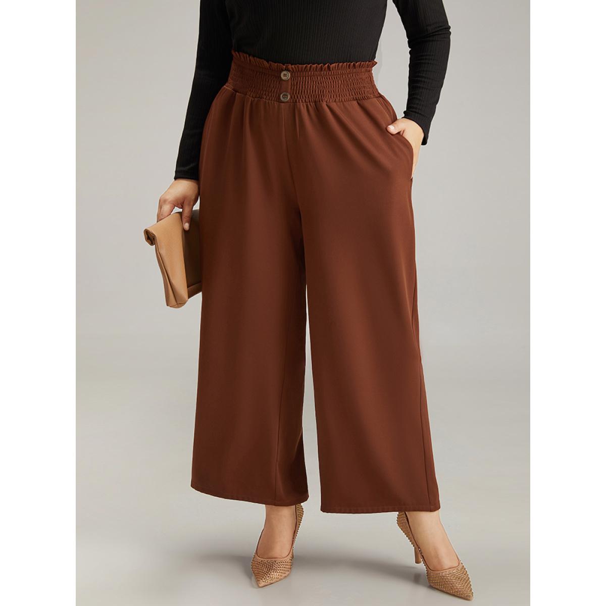 Plus Size Paperbag Waist Button Detail Shirred Pants Women Rust Office Wide Leg High Rise Work Pants BloomChic 26/4X Product Image