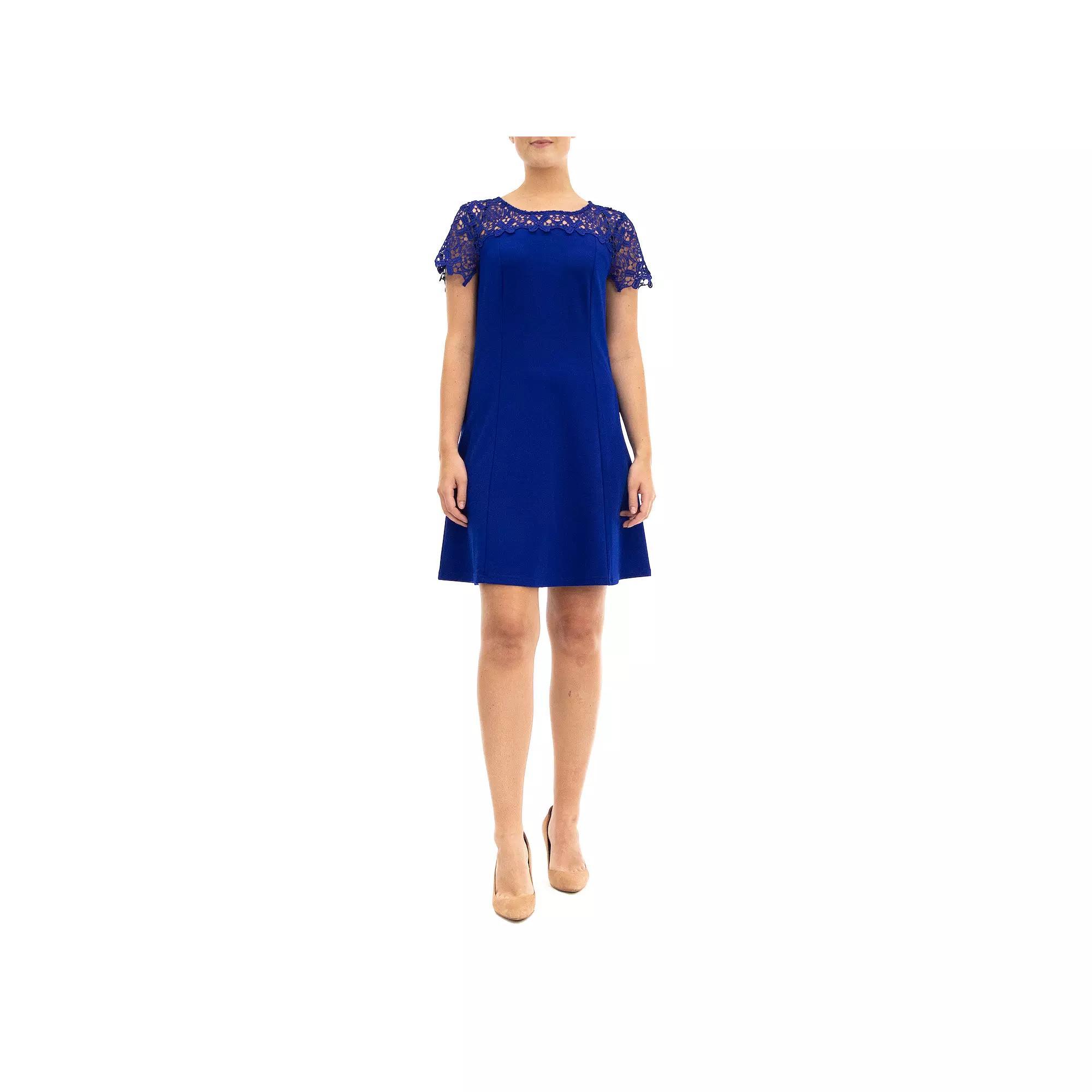 Women's Nina Leonard Lace-Yoke Cap Sleeve A-Line Dress, Size: Large, Blue Product Image
