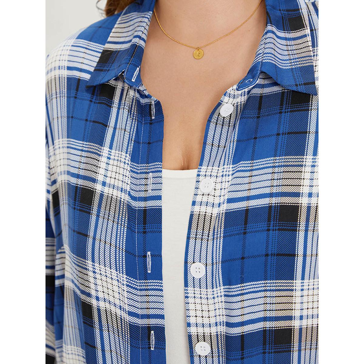 Plus Size Plaid Shirt Collar Pocket Button Through Kimono Women Indigo Casual Button Loose Pocket Dailywear Kimonos BloomChic 18-20/2X Product Image