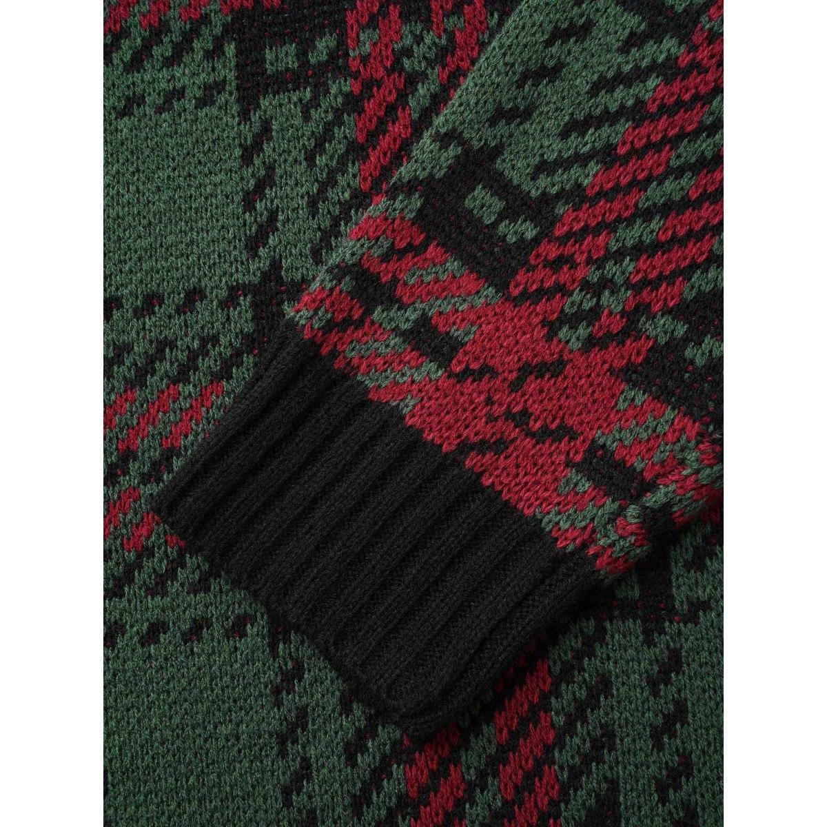 Plus Size Jacquard Plaid Contrast Hemline Pullover DarkGreen Women Casual Loose Long Sleeve Round Neck Everyday Pullovers BloomChic 30/6X Product Image