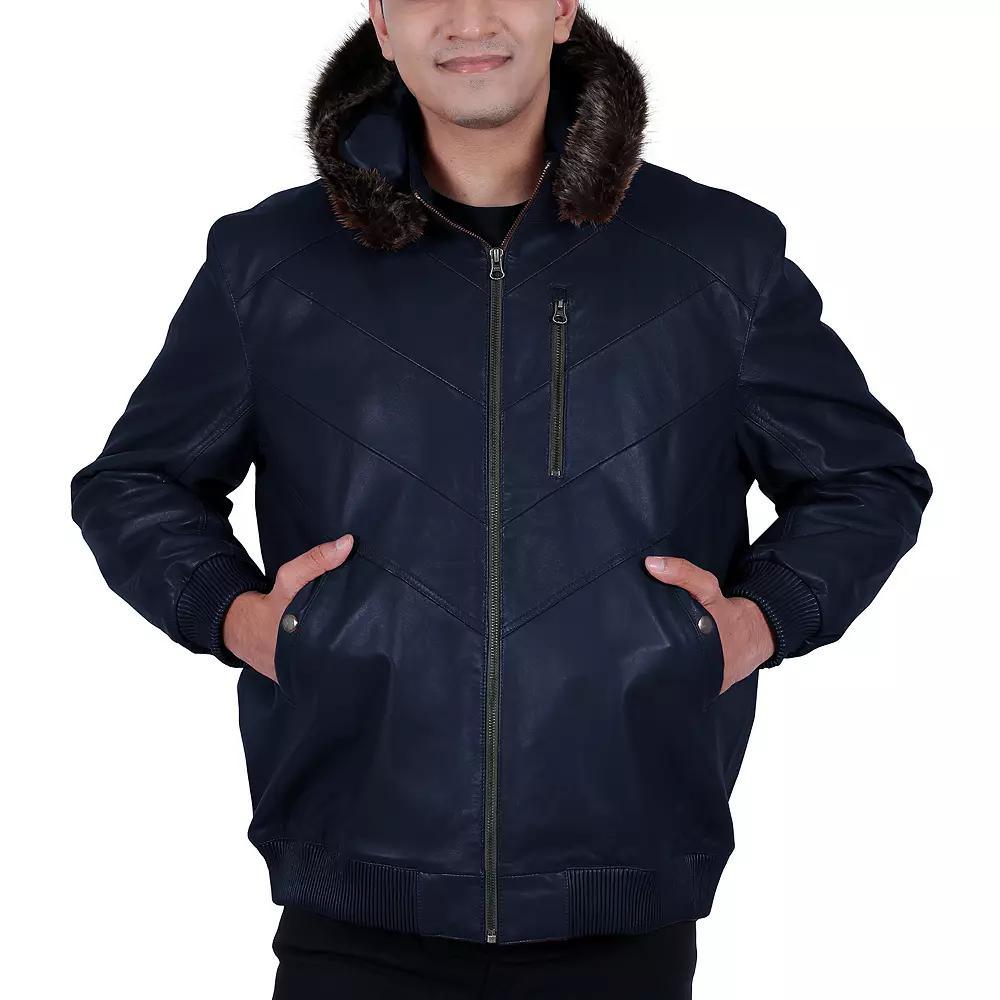 Men's Franchise Ace Leather Hooded Bomber Jacket, Size: Large, Blue Product Image