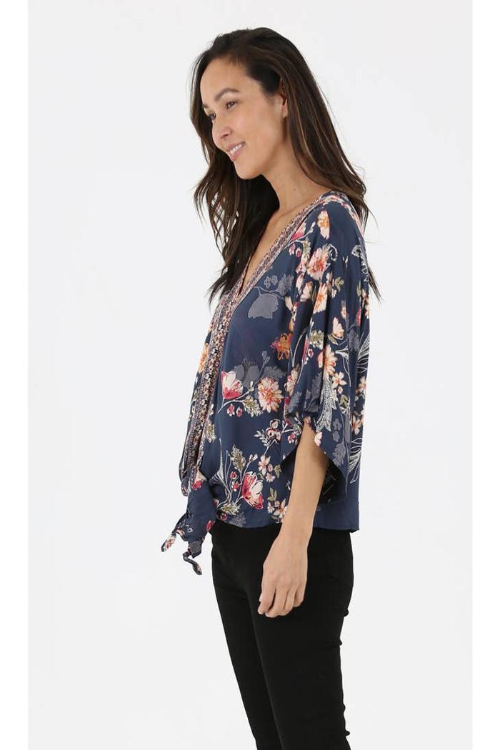V Neck Tie Waist Kimono Sleeve Blouse Product Image