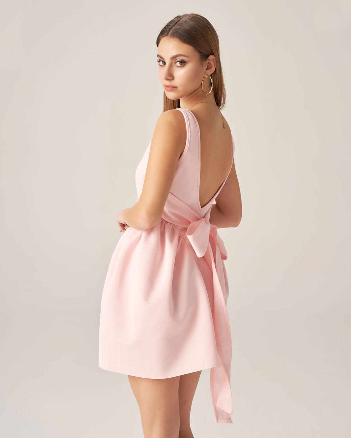 Bettydress-Pink Square Neck Bowknot Mini Dress Product Image