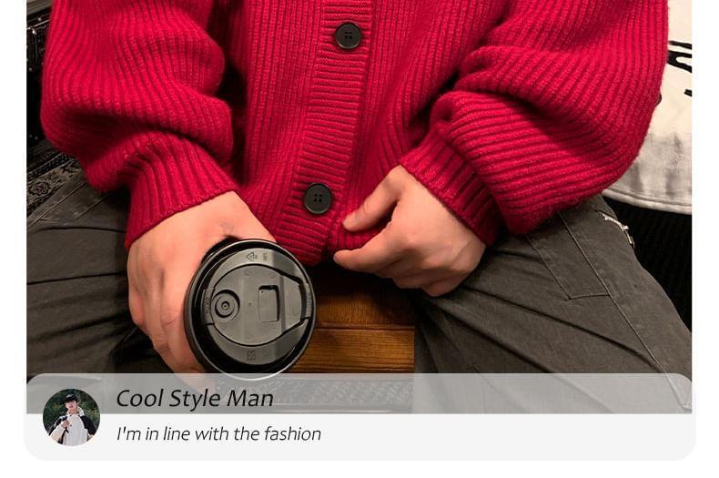 V-Neck Plain Ribbed Button-Up Cardigan Product Image