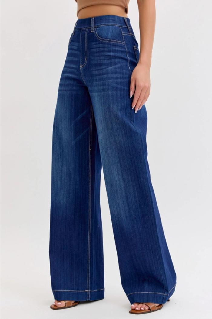 Comfort Dark High Rise Pull-On Wide Leg Denim Product Image